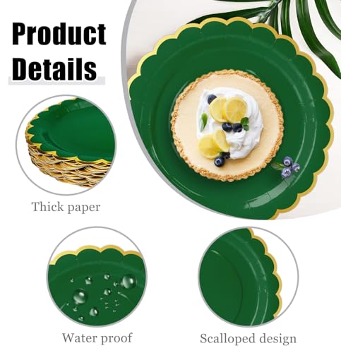 Image of HEIPINIUYE 50 Pieces Green Paper Plates with Gold Foil 7 Inch Disposable Green Scalloped Dinner Plates for Wedding Baby Shower Birthday Christmas Party Dessert Plate