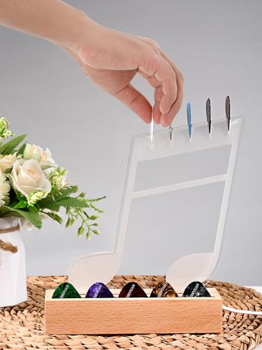 Light Up Guitar Pick Holder—Note-Shaped Cool Gifts for Music Lovers,Acrylic Guitar Pick Display and Storage With Wooden Base，Unique Guitar Accessories