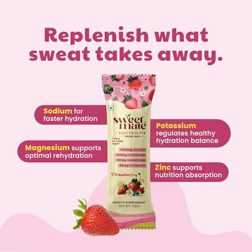 Image of Sugar Free Strawberry Electrolyte Drink Mix Sweetened With Stevia -5g (20 Sachet) No Preservatives and Chemicals | Offers 10x more Electrolyte | Keto Friendly, Vegan