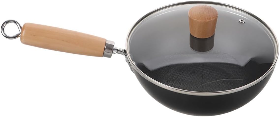 SUPVOX Cast Iron Wok with Lid 24cm Small Cooking Pan Wood Handle Traditional Stir Fry Pan Compatible Gas and Electric Stovetops