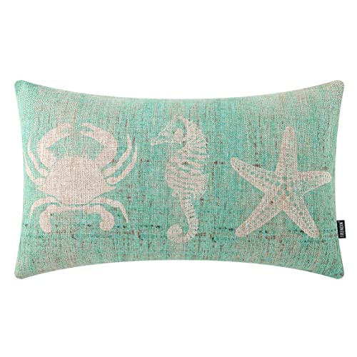 Image of TRENDIN Coastal Pillow Cover 12x20 inches Turtle Starfish Seahorse Beach Decorations for Home Word Linen Lumbar Throw Pillow Cover for Sofa Couch PL947TR