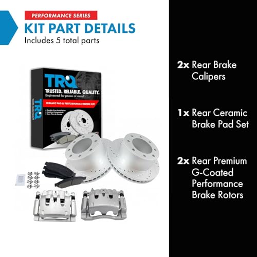 Image of TRQ Rear Performance Brake Pad, Caliper, & Rotor Kit Ceramic Premium G-Coated Compatible with 2008-2012 Ford F-250 Super Duty 2006-2012 F-350 Super Duty