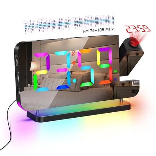 FMラジオ 180°投影目覚まし時計 RGB RGBナイトライト付き 6段階明るさ デュアルUSB出力ポート 12時間/24時間デジタルLED時計(Black)