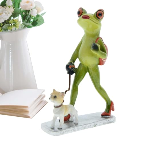 Glugahrif Statue de grenouille - Décoration de jardin de grenouille - En résine « Walking The Dog Frog » - Décoration de maison - Figurines de grenouille pour l'intérieur et l'extérieur - Objets de
