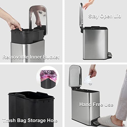 Laisu 6L/1.6Gal Stainless Steel Small Trash Can With Lid Soft Close, Removable Inner Wastebasket, Rectangular Slim Garbage Can, Step Trash Bin For Bathroom Bedroom Office, Anti-Fingerprint, Silver #TOP4