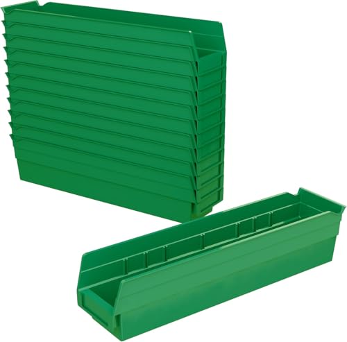 Image of Akro-Mils 30128 Plastic Shelf Bins, Heavy Duty Storage Bins for Garage, Closet, and Drawer Organization, 18-Inch x 4-Inch x 4-Inch, Green, 12-Pack