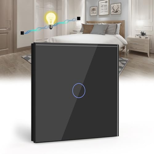 BSEED Touch Light Switch 1 Gang 2 Way Black,Tempered Glass Panel Light Switches with LED Indicator,Touch Sensitive Light Switch-No Neutral Wire