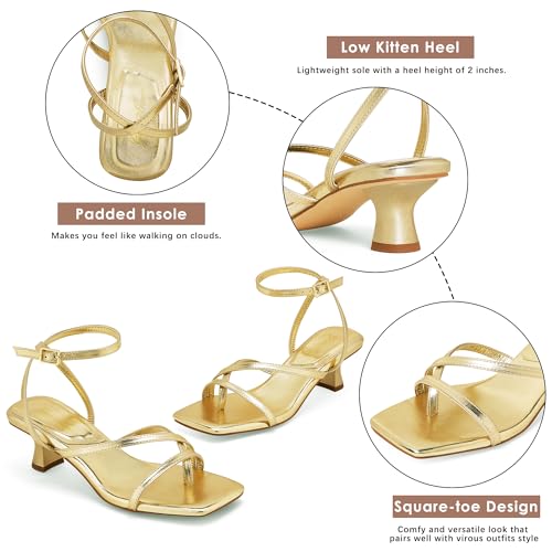 GENSHUO Women's Low Strappy Heels Sandals Open Square Toe Thong Dress Heels Comfortable Sexy Cute Ankle Strap Wedding Party Prom Summer Shoes2