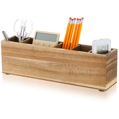 Image of Jetec Wooden Pencil Pen Holder for Desk 6 Compartments Wood Office Desk Organizers for Countertop Adjustable Makeup Brush Organizer Silverware Caddy for Party, Home, Art Supplies (Acacia Wood)