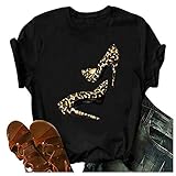 Women's Leopard High Heels Print Tops Short Sleeve Plus Size T-Shirt Casual O-Neck Loose Blouse Tunic Black, X-Large