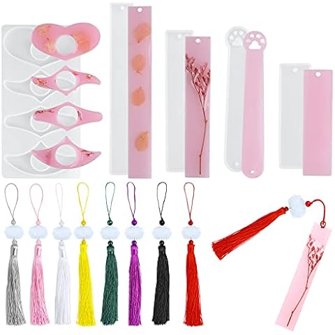 5pcs Bookmark Moulds with 8pcs Colourful Tassel Set, Bookmark Silicone Mold Small Medium Large Rectangle Mould Cute Cat Paw Resin Mould Bookmark for Jewelry DIY Craft Cover