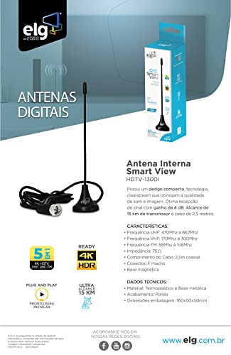 ELG, HDTV1300I, Antena Interna Smart View, Compatível com Sinal Analógico e Digital 4K HDR, Cabo de
