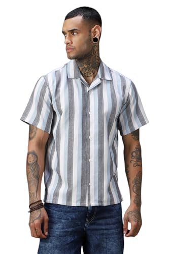 Image of High Star Men Strip Cotton Relaxed Fit Collar Short Sleeve Shirts 36