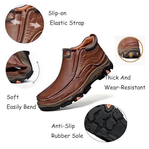 Tokouk Mens Breathable Hand Stitching Leather Slip On Ankle Boots, Classic Outdoor Moccasin Chukka Boots Non-Slip Casual Hiking Boots4