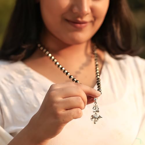 Image of Divine Hindu Trishul Karungali Necklace with Silver Caps (54 Beads) | Shiva Bhakti Jaap Mala for Meditation, Protection & Healing Energy | Spiritual Necklace for Men & Women | Chanting Beads