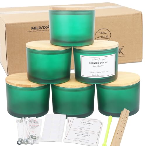 MILIVIXAY Confezione da 6barattolo per candela da 453,6 g con coperchio in bambù e kit per la creazione di candela