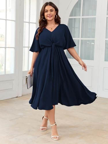 Image of SCOMCHIC Women Plus Size Midi Dresses Wedding Guest Short Sleeve V Neck Tie Waist Casual Summer Flowy A Line Dress
