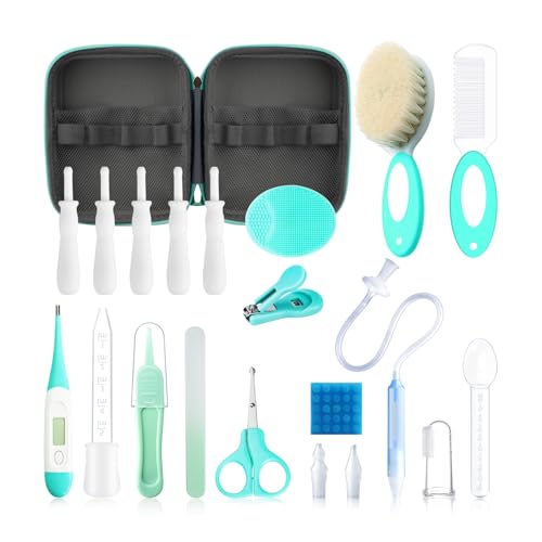 Baby Healthcare and Grooming Kit, 21 in 1 Portable Baby Essentials Kit with Gas Relief Hair Brush Comb Nasal Aspirator for Newborn Boys Girls (21 Kits-Green)