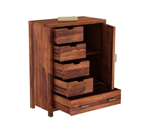 Image of Solid Sheesham Wood 5 Drawer Chest of Drawers with 2 Shelf Storage and Spacious Dresser for Hall Home Office Furniture, Kitchen Cabinet (Honey Finish)