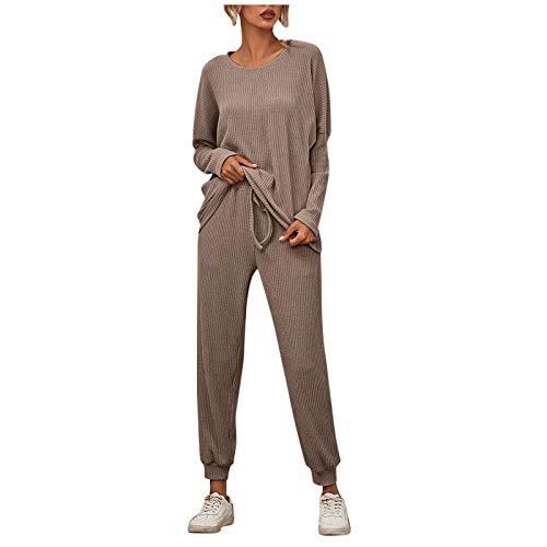Zweiteiliger Freizeitanzug Pyjamas Anzug Damen Einfarbig Langarm Streifen Tops + Kordelzug Elastic Taille Hosen(Kaffee,XL)