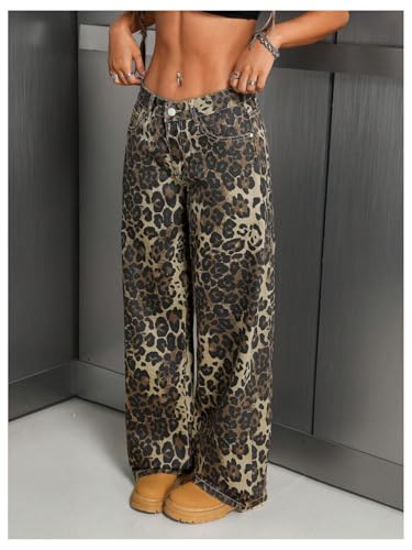 Verdusa Women's Y2k Leopard Jeans Hip Hop Streetwear Wide Straight Leg Denim Pants with Pockets4