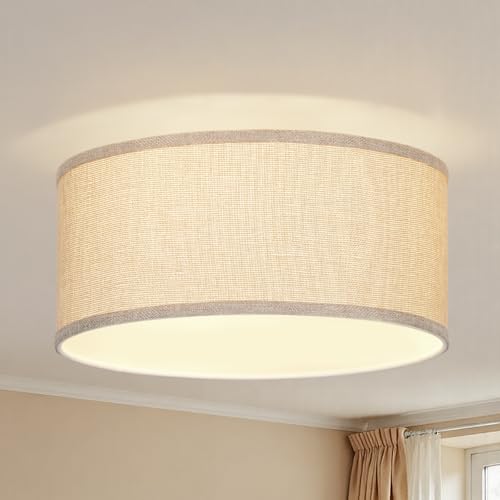 13 Inch Flush Mount Ceiling Light with Burlap Linen Drum Shade Semi Flush Mount Ceiling Fixture 3-Light Drum Light Fixture Rustic Farmhouse Style for Bedroom Living Room Hallway Entryway