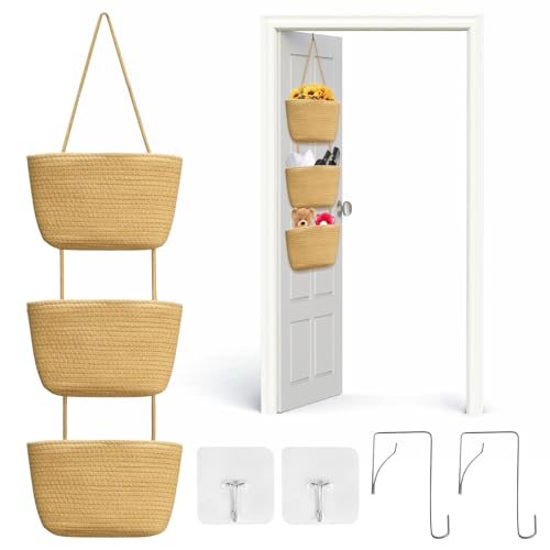 WATUNID Over Door Storage Hanging Basket, 3 Tier Wall Mount Hanging Storage Basket with 4 Pcs Hooks, Woven Cotton Rope Storage Basket Decorative for Bedroom, Living Room, Bathroom, Nursery(Jute) - Cosy Home Interiors WATUNID Over Door Storage Hanging Basket, 3 Tier Wall Mount Hanging Storage Basket with 4 Pcs Hooks, Woven Cotton Rope Storage Basket Decorative for Bedroom, Living Room, Bathroom, Nursery(Jute)