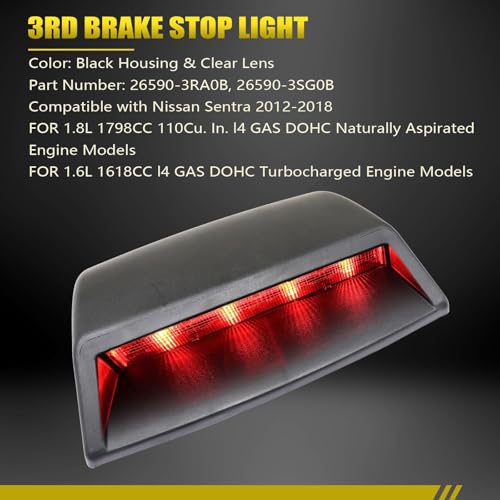 Image of SecosAutoparts 3rd Third Brake Light Compatible with Nissan Sentra 2012 2013 2014 2015 2016 2017 2018, LED Rear High Mount Center Stop Lamp Assembly, Direct Replacement 26590-3RA0B 26590-3SG0B