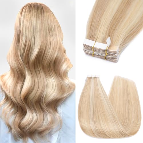 Silk-co Real Remy Tape in Straight Human Hair Extensions 10pcs 24inch #18P613 Ash Blonde&Bleach Blonde Balayage Seamless Tape on Hair Extension Straight Human Hair