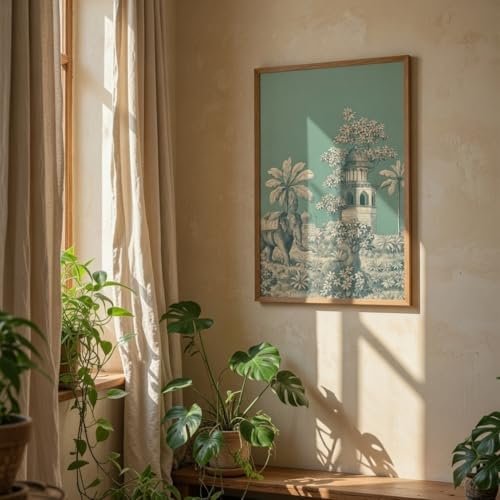 Image of SAF Vintage Teal Elephant Palace Wall Art with Wooden Frame | Botanical Heritage HD UV Laminated Print on MDF | Elegant Jungle Decor for Living Room Bedroom Office 13.5 x 19.5 Inch