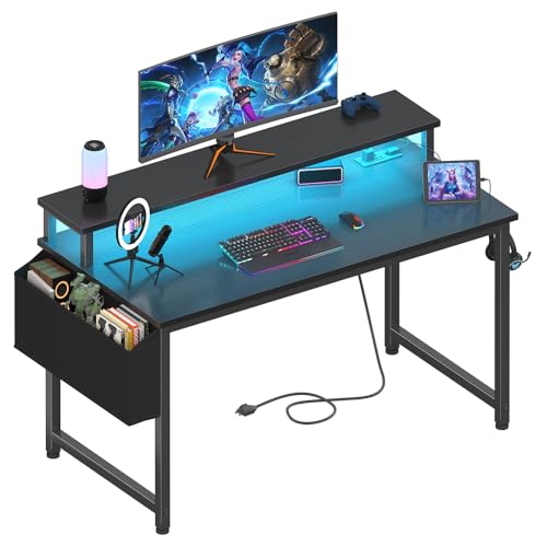 Lufeiya Gaming Desk with LED Lights and Power Outlets, 40 Inch Teen Writing Study Table Home Office Desks with Monitor Stand, Computer Desk with Charging Station, Black