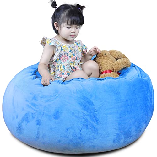 Bchway Stuffed Animal Storage Bean Bag Chair Cover, Plush Toys Organizer Holder, Beanbag Chairs Cover with Handle and Hidden Zipper for Kids Boys Girls X-Large Super Soft Premium Velvet-Blue