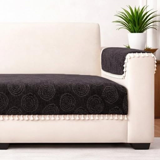 Image of STITCHNEST Woven Fabric Sofa Cover 3 Seater with 2 Hand Rest Covers - Washable Black Sofa Cover with Tassels - Durable Premium Fabric - Stylish Sofa Protector for Living Room & Furniture Decor