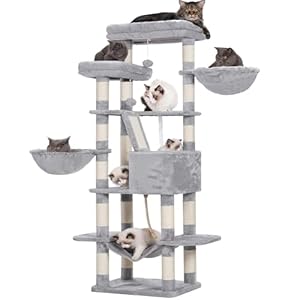 Heybly Cat Tree,68 inch Multi-Level Cat Tower for Indoor Cats,2 Widened Plush Perches Cat Condo with Scracthing Board and Big Caves,Light Gray HCT025W