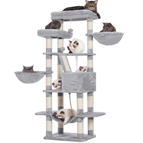 Heybly Cat Tree,68 inch Multi-level Cat Tower for Indoor Cats,2 Widened Plush Perches Cat Condo with Scracthing Board and Big Caves,Light Gray HCT025W