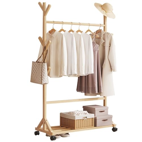 Porte-manteau en bois autoportant de 155 cm de haut avec barre de suspension pour chambre et couloir