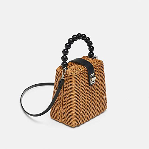 Fashion Women Hand-Woven Wicker Shoulder Bag with Removable Leather Shoulder Strap Summer Vintage Beach Straw Crossbody Bag Beaded Handle Tote Bag3