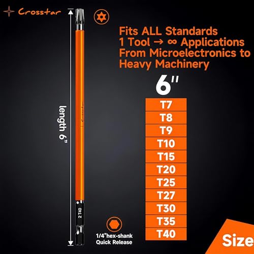 Image of Crosstar 6 inch Impact Long Torx Bit Set 15pc (TT7-TT40) S2 Steel Security Tamper Proof Star Bits, 1 /4 inch Hex-Shank Magnetic Holder & Storage Box w /Magnetizer