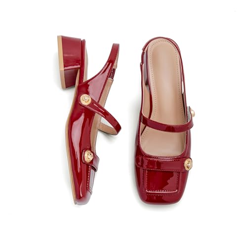 Image of Slingback Mary Jane Heels for Women Low Block Heel Closed Square Toe Pump Shoes Heels Classic Daily Office Dressy Shoes