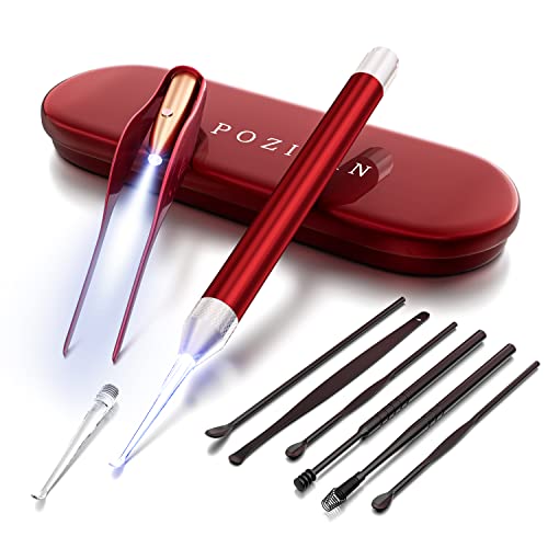 POZILAN Ear Picker Tweezers with LED Light - 8 Pack Ear Wax Removal Tool Cleaner Kit for Kids and Adults, Earwax Spoon Digger & Tweezers for Ear Cleaning Tool Gift Set