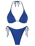 ZAFUL Women's Swimsuit Bikini Sexy Halter Bathing Suit 2 Piece Ribbed Triangle High Cut Thong Bikini Sets Royal Blue S