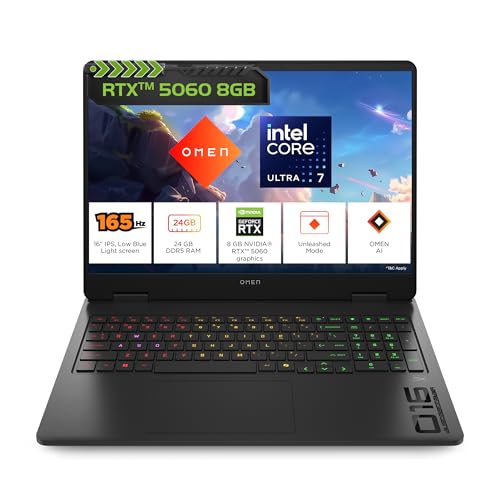 Image of HP Omen, Intel Core Ultra 7 255H, 8GB RTX 5060 (24GB DDR5, 1TB SSD) 165Hz, 2k WUXGA, 3ms, 400 nits, 16'' /40.6cm, Win11, M365* Office24, Black, 2.42kg, an0015TX, RGB, Gaming Laptop