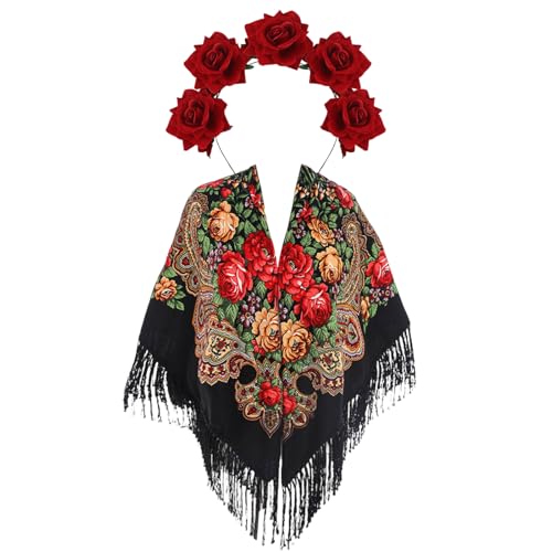 2Pcs Women's Mexican Scarf Wrap Tassel Printed Boho Shawl with Rose Flower Headband Day of the Dead Fiesta Halloween Costume