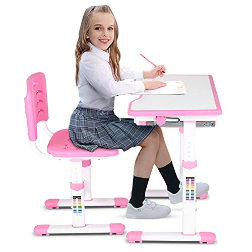 Kids Desk and Chair Set, Height Adjustable Ergonomic Children's School Workstation Children's Study Desk Tables and Chairs Set Kids Study Homework Desk Chair Children Activity Art Table Set(Pink)