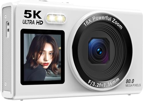 5K デジカメ スマホに送れる デジタルカメラ WIFI転送機能 8000万画素 デュアルスクリーン 64GBマイクロSDカード付き 18倍デジタルズーム オートフォーカス機能 ウェブカメラ 19種類フィルター 自撮り便利 バッテリー2枚 コンパクト 子供