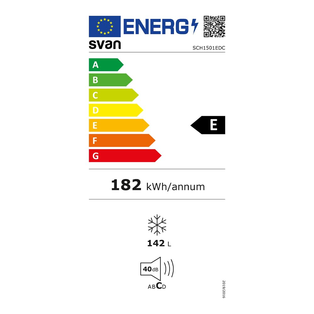Svan Congelador horizontal Blanco SCH1501EDC. Capacidad 142 Litros, Dual Cooling, 1 Cesta, Bajo nivel Sonoro, Eficiencia Energética Clase E [Clase de eficiencia energética E]