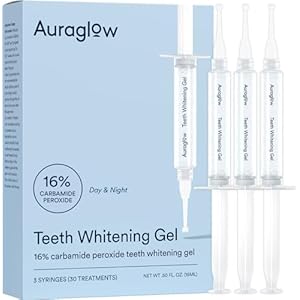 Auraglow 16% Overnight Teeth Whitening Gel Syringe Refills, 16% Carbamide Peroxide, Overnight Teeth Whitening Gel, 30 Whitening Treatments, (3) 5mL Whitening Gel Syringes, Contains Potassium Nitrate