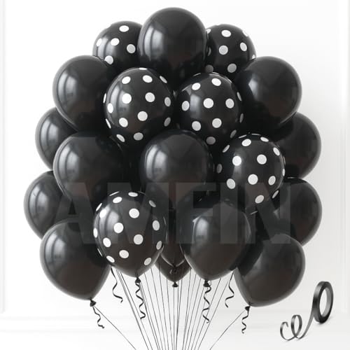 Image of AMFIN (Pack of 50) Polka Dot Black & Solid Latex Black Party Balloons - Birthday Wedding, Baby Shower, Anniversary, Graduation, Halloween, New Year Decorations