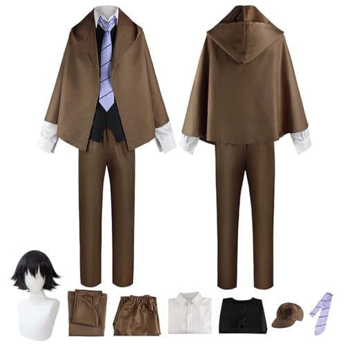 Anime Bungou Stray Dogs Edogawa Rampo Disfraz Cosplay Traje de Juego de Rol con Peluca Capa Marrón Conjunto de Accesorios Halloween Comic Con Fiesta Carnaval Uniforme para Adultos Niños Traje Unisex