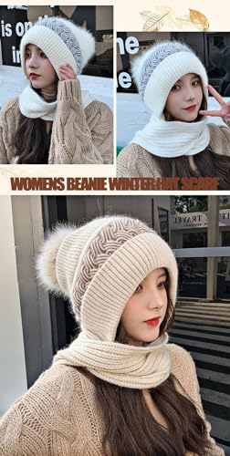 Gorro feminino de inverno, cachecol tudo em um, gorro com pompom, gorro de malha quente, protetor de